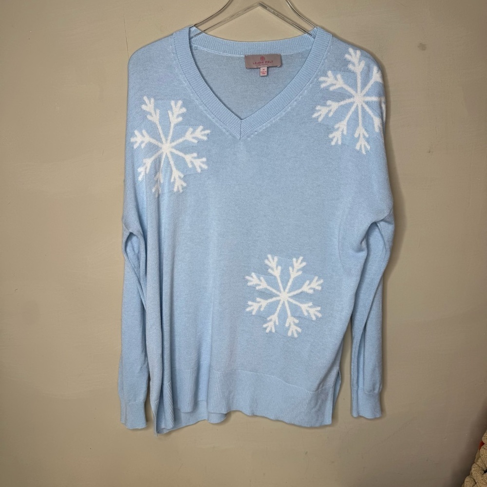 Laurie Felt Sweater medium Cashmere Blend Pullover Blue Snowflakes